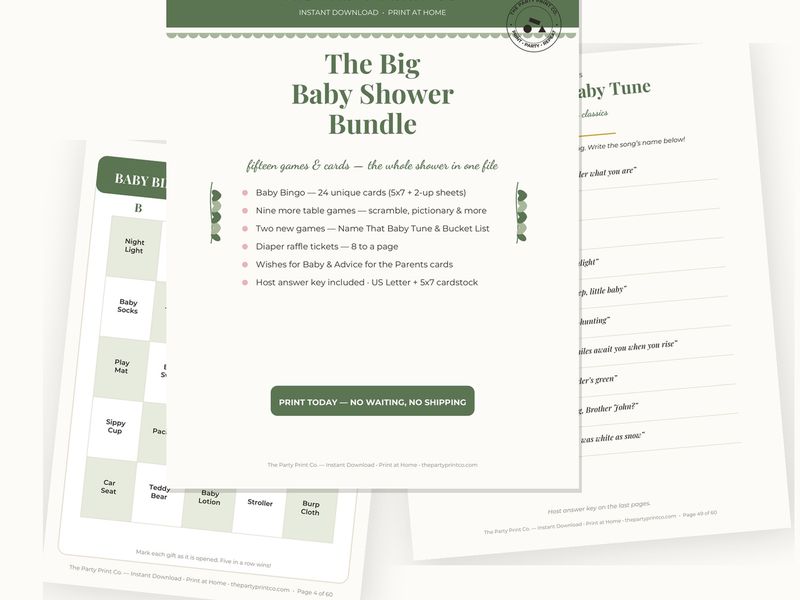The Big Baby Shower Bundle: 15 Games & Cards — cover and pages fanned on cream