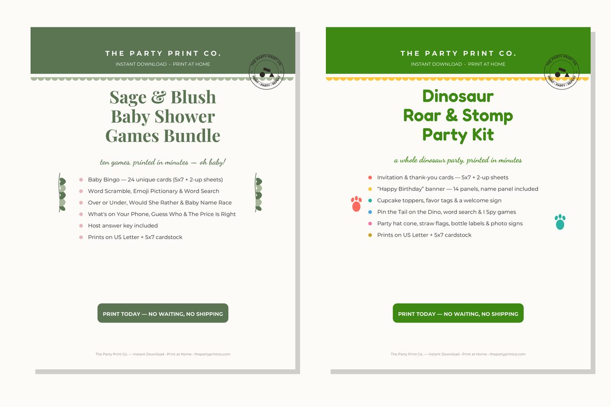 A baby shower games cover and a birthday kit cover, side by side