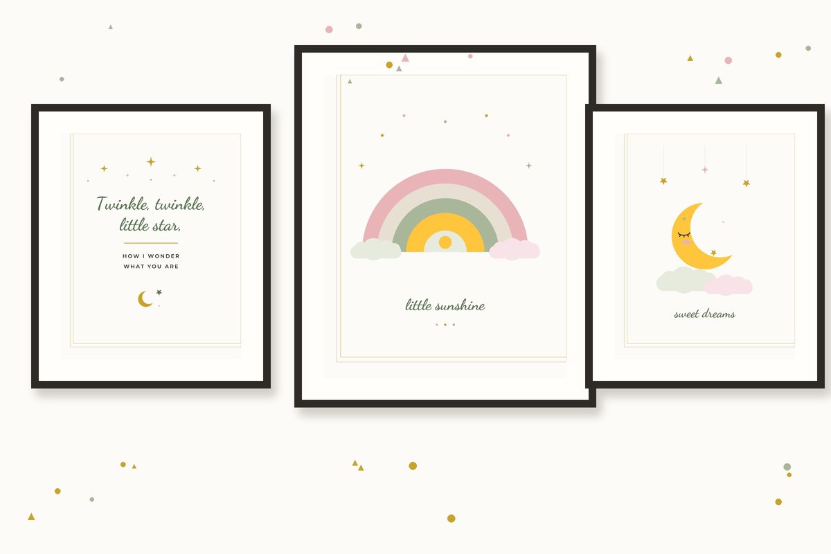 Nursery Gallery Wall Set — All Six Prints — three framed nursery prints arranged as a gallery wall